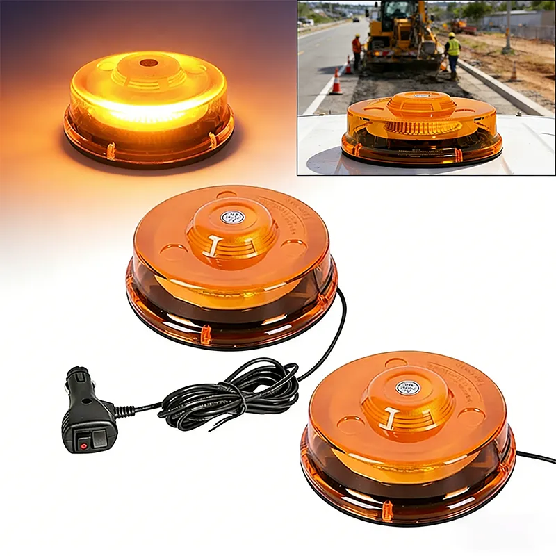 Two YFD UFO-shaped amber strobe warning lights with magnetic bases and cigarette lighter controller