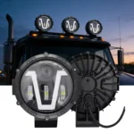 Close-up of YFD LED headlight projector lens, LED chips, clear lens, and rear heat-dissipation housing