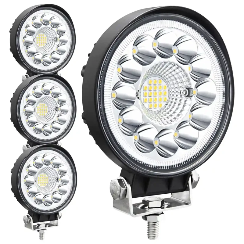 Four YFD 4-inch round LED work lights with adjustable mounting brackets for trucks and tractors