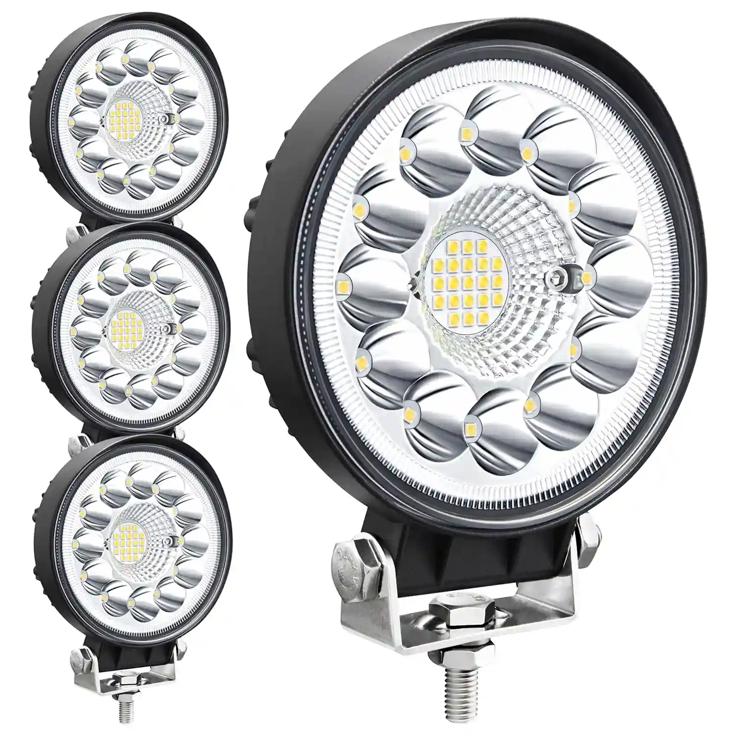 YFD 4-Pack 4-Inch Round LED Work Lights Four YFD 4-inch round LED work lights with adjustable mounting brackets for trucks and tractors
