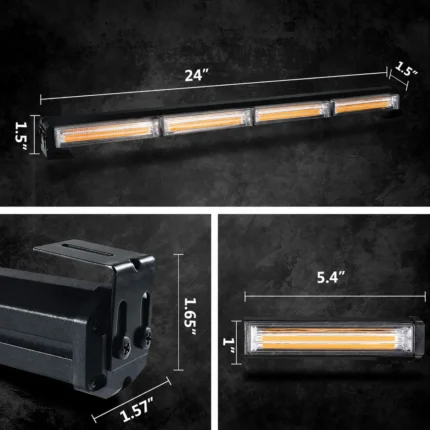 24-inch amber and white LED strobe warning light bar dimensions with adjustable mounting brackets