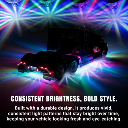 Multicolor watermelon LED chassis lights installed under a car for custom night lighting