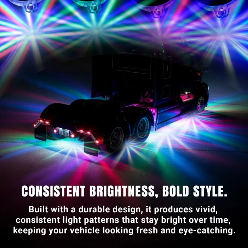 Multicolor watermelon LED chassis lights installed under a car for custom night lighting