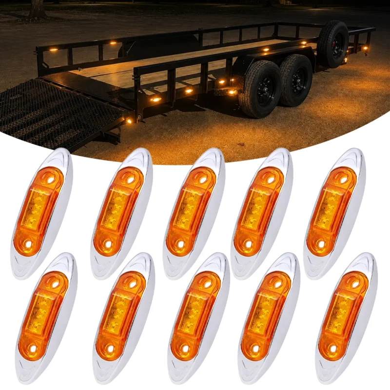 10 pack 2.5 inch mini oval amber LED side marker lights with chrome bezels for trucks and trailers