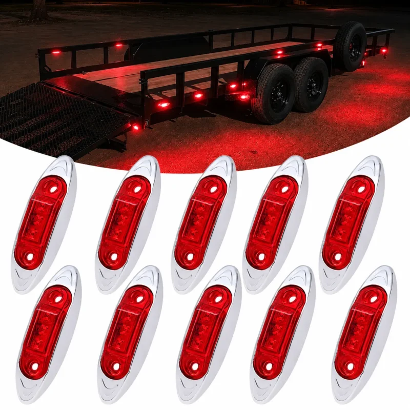 10 pack 2.5 inch mini oval red LED side marker lights with chrome bezels for trucks and trailers