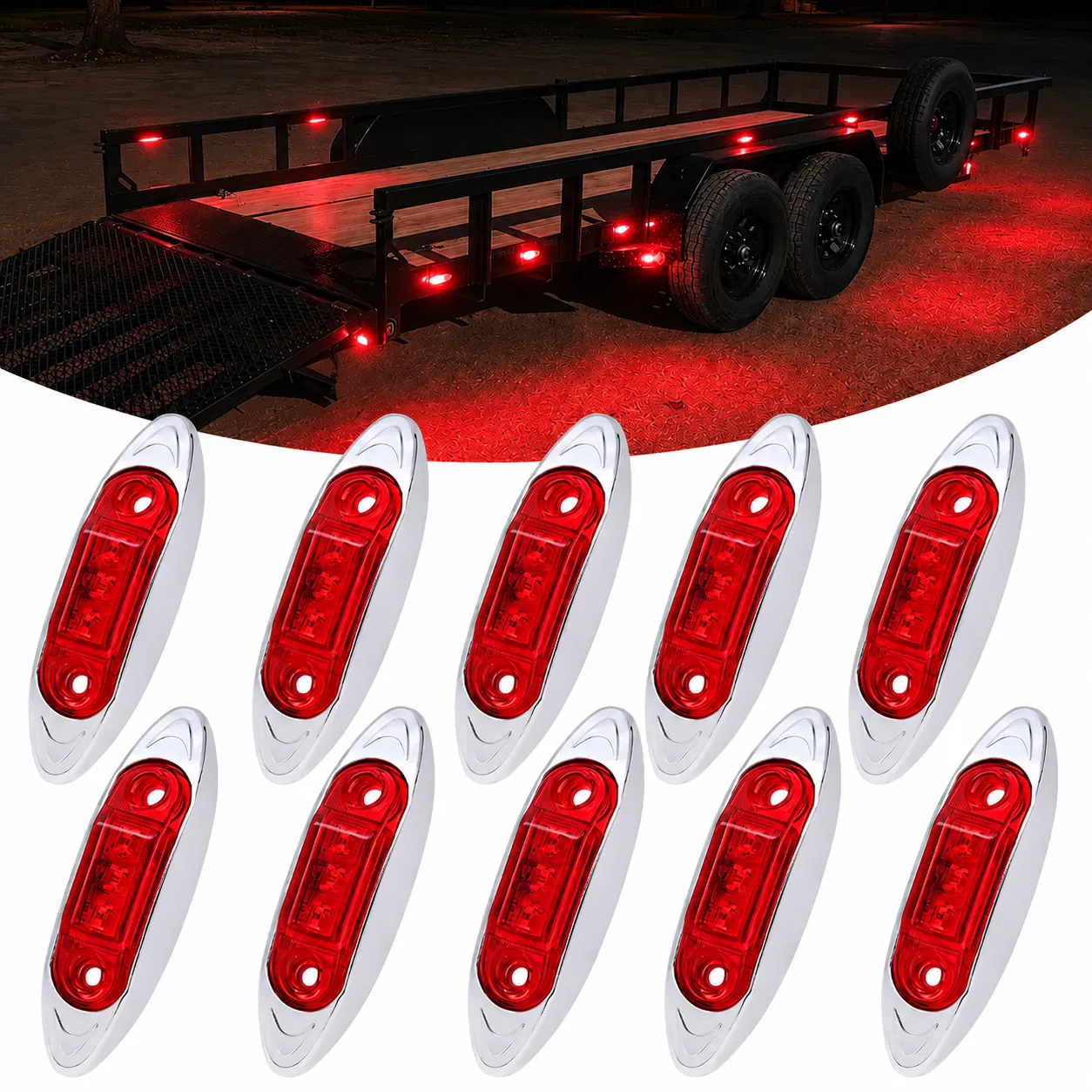 10 Pack 2.5 Inch Mini Oval Red LED Side Marker Lights 10 pack 2.5 inch mini oval red LED side marker lights with chrome bezels for trucks and trailers