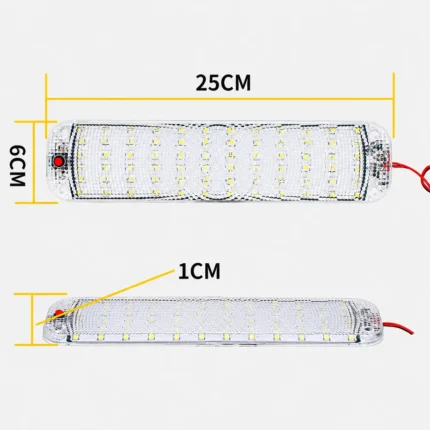 12W LED interior reading light dimensions measuring 25 cm long, 6 cm wide, and 1 cm thick