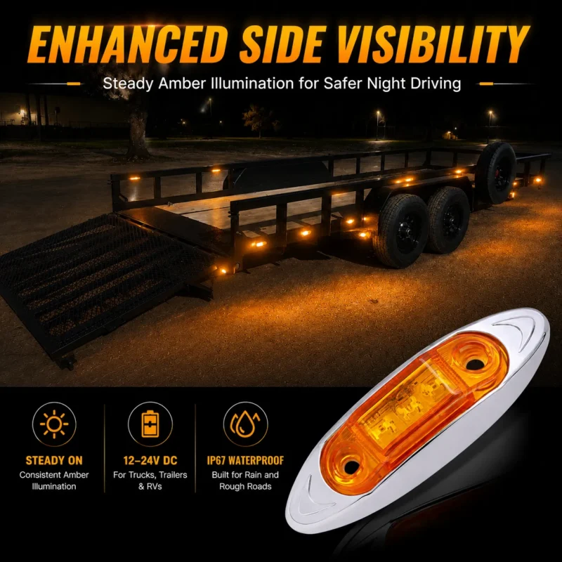 Illuminated 2.5 inch amber side marker light with three Super Flux Piranha LEDs and chrome bezel