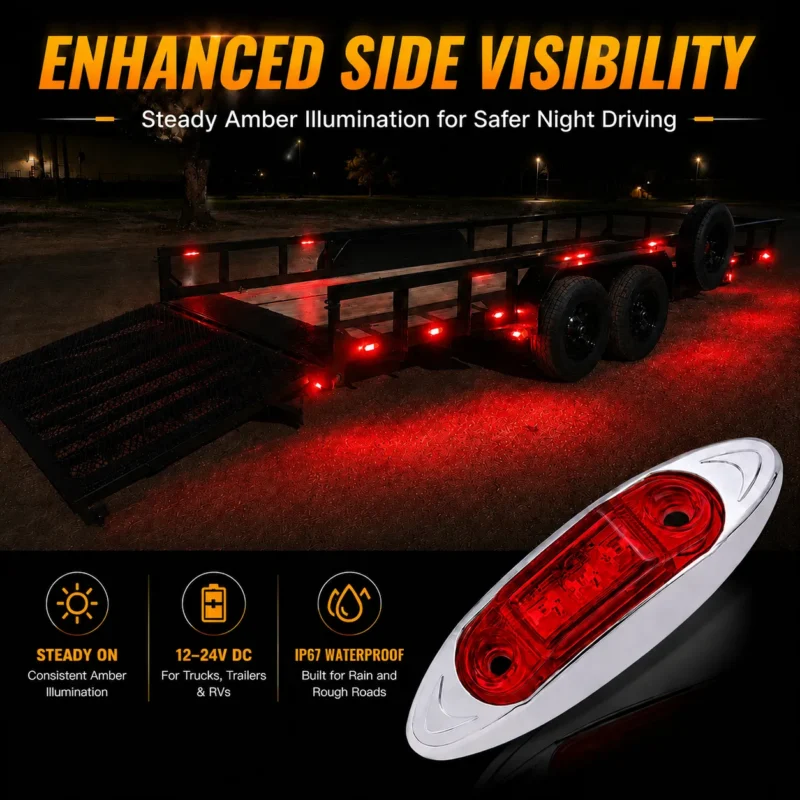 Illuminated 2.5 inch red side marker light with three Super Flux Piranha LEDs and chrome bezel