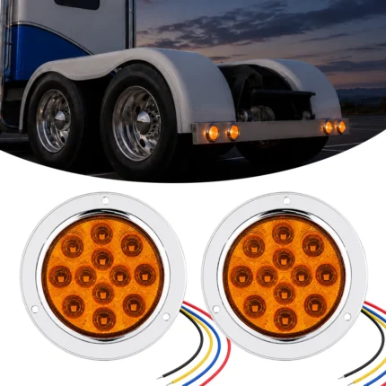 2-pack amber 12 LED round tail lights with chrome bezels and four-wire connections for trucks and trailers
