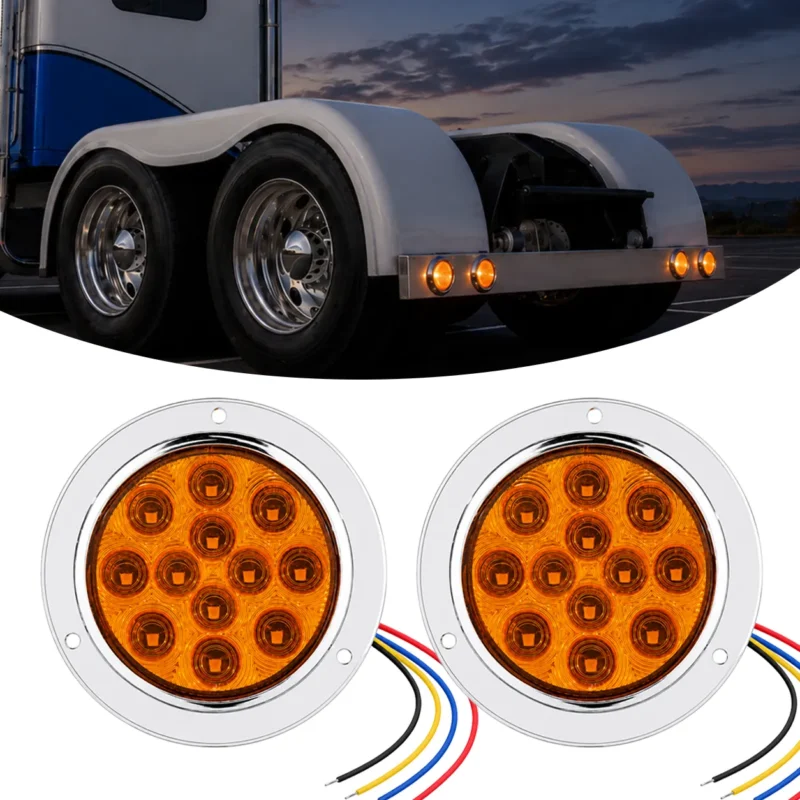 2-pack amber 12 LED round tail lights with chrome bezels and four-wire connections for trucks and trailers