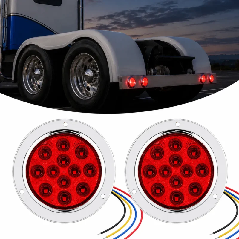 2-pack red 12 LED round tail lights with chrome bezels and four-wire connections for trucks and trailers