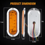Dimensions of 6-inch amber oval LED tail light with chrome housing and mounting holes