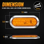 Dimensions of 6 inch amber oval LED tail light with chrome bezel and mounting holes