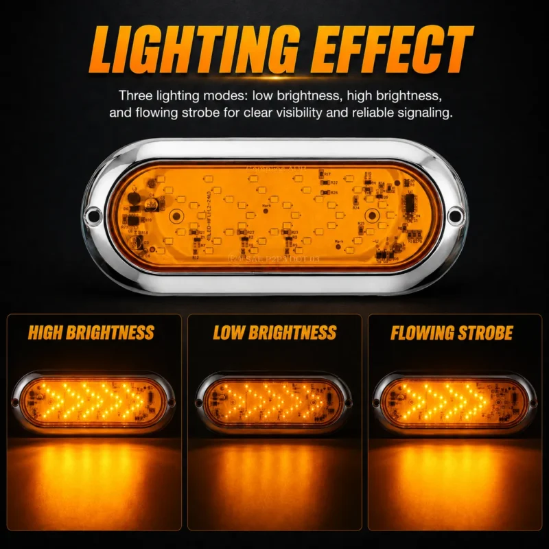 6-inch amber oval LED tail light with high brightness, low brightness and sequential strobe lighting modes