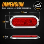 Dimensions of 6 inch red oval LED tail light with chrome bezel and mounting holes