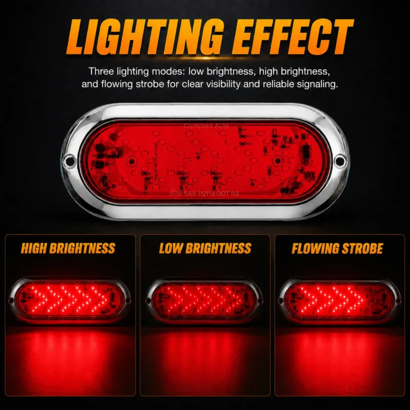 6 inch red oval LED tail light with high brightness low brightness and flowing strobe modes