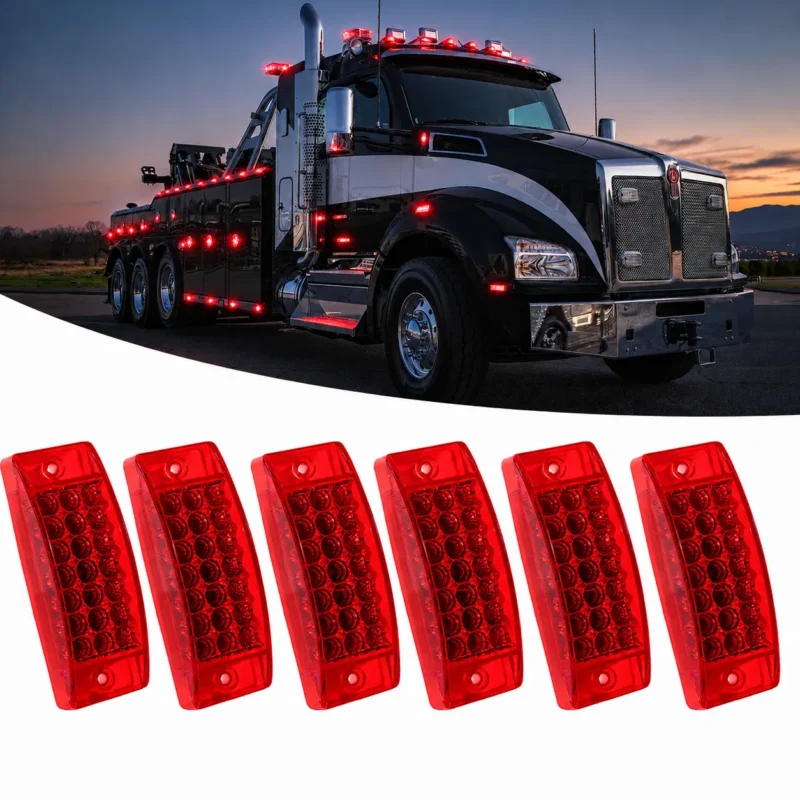 6-pack red 21 LED marker lights for trucks and trailers, featuring steady on, strobe, and sequential waterfall flash modes with universal 12-24V compatibility.