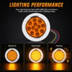 Amber 12 LED round tail light showing steady on, high brightness and flashing lighting modes