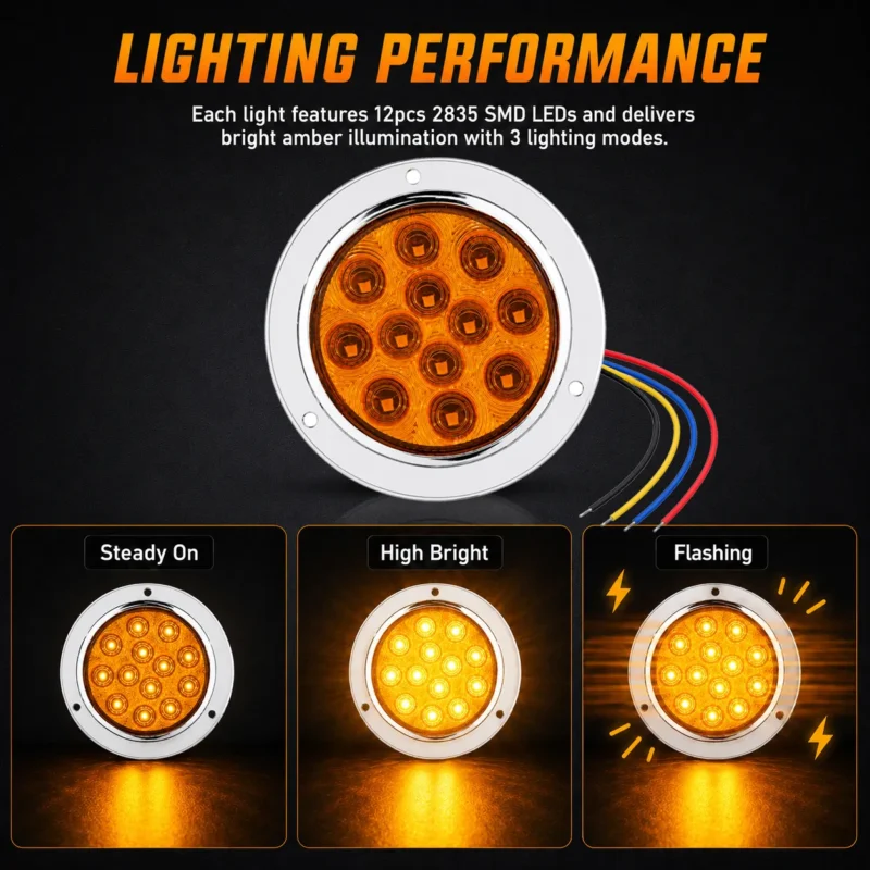 Amber 12 LED round tail light showing steady on, high brightness and flashing lighting modes