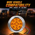 Amber round LED tail light compatible with semi trucks, trailers, RVs, campers and off-road vehicles