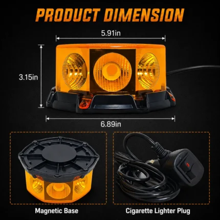 Amber magnetic warning beacon light dimensions 5.91 by 6.89 by 3.15 inches