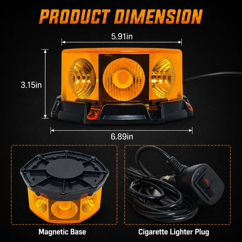 Amber magnetic warning beacon light dimensions 5.91 by 6.89 by 3.15 inches