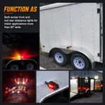 Amber and red black fender lights illuminated at night on a semi truck trailer