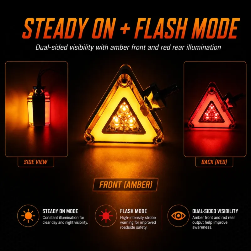 YFDLights dual-sided triangle marker light with amber front and red rear steady-on and strobe modes