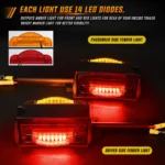 Durable black housing with amber and red lenses on a 12V dual-face truck fender light