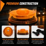 Durable PC lens and heavy-duty housing of amber UFO strobe warning light for work vehicles