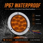 IP67 waterproof amber round LED tail light designed for rain, dust and harsh road conditions
