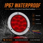 IP67 waterproof red round LED tail light designed for rain, dust and harsh road conditions