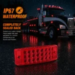 IP67 waterproof red LED marker light with a completely sealed back and protected wire outlet for reliable use in rain, splashes, and harsh road conditions.