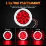 Red 12 LED round tail light showing steady on, high brightness and flashing lighting modes