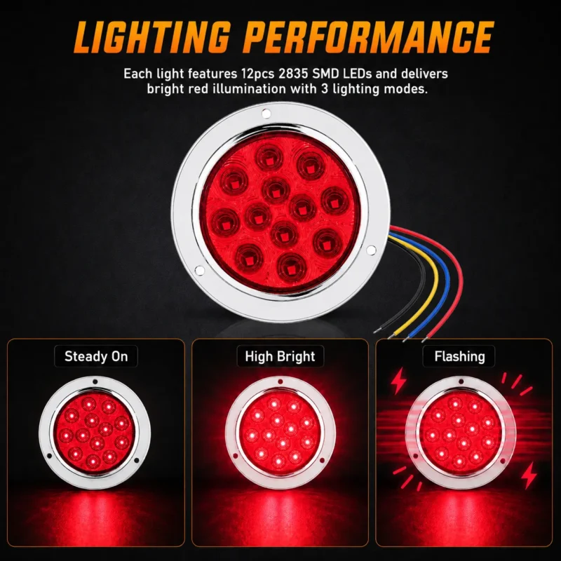 Red 12 LED round tail light showing steady on, high brightness and flashing lighting modes