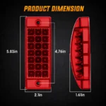 Product dimensions of the curved red 21 LED marker light, showing overall size, mounting-hole spacing, width, and depth for easier installation.