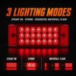 Red LED truck marker light with three lighting modes: steady on, strobe, and sequential waterfall flash for improved visibility and custom vehicle lighting.