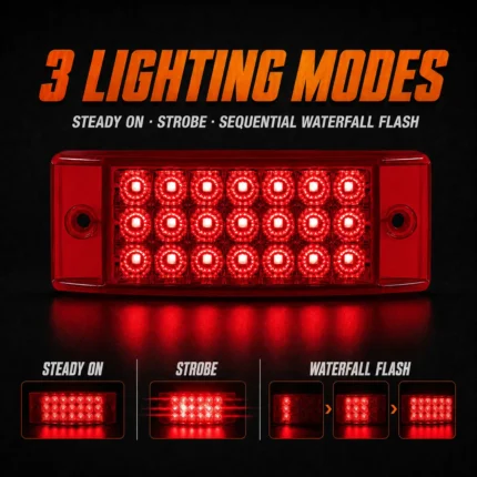 Red LED truck marker light with three lighting modes: steady on, strobe, and sequential waterfall flash for improved visibility and custom vehicle lighting.