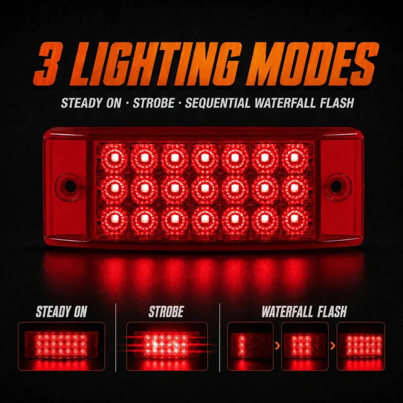 Red LED truck marker light with three lighting modes: steady on, strobe, and sequential waterfall flash for improved visibility and custom vehicle lighting.