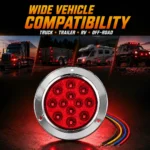 Red round LED tail light compatible with semi trucks, trailers, RVs, campers and off-road vehicles