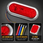 Red oval LED tail light with ABS chrome bezel 4 color coded wires and 21 LED 2835 SMD chips