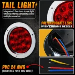 Red round tail light featuring a durable polycarbonate lens, chrome bezel and four PVC wires