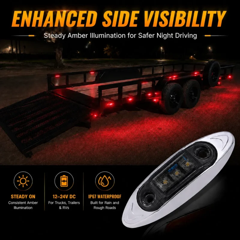 Illuminated 2.5 inch smoked lens red LED side marker light with three bright LEDs and chrome bezel