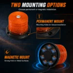 Amber warning light with strong magnetic base and permanent mounting holes
