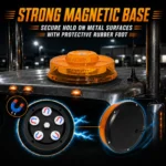 Strong magnetic base on amber UFO strobe warning light for secure mounting on metal vehicle surfaces