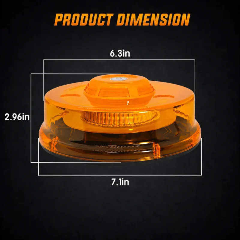 Dimensions of amber UFO strobe warning beacon with magnetic base and cigarette lighter power cord