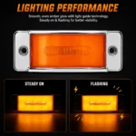 YFD Lighting 24V amber LED marker light showing bright and even steady-on illumination with a chrome housing