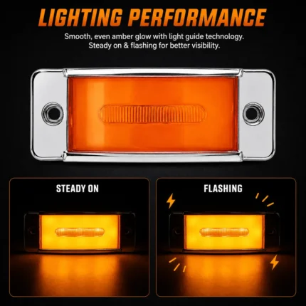 YFD Lighting 24V amber LED marker light showing bright and even steady-on illumination with a chrome housing
