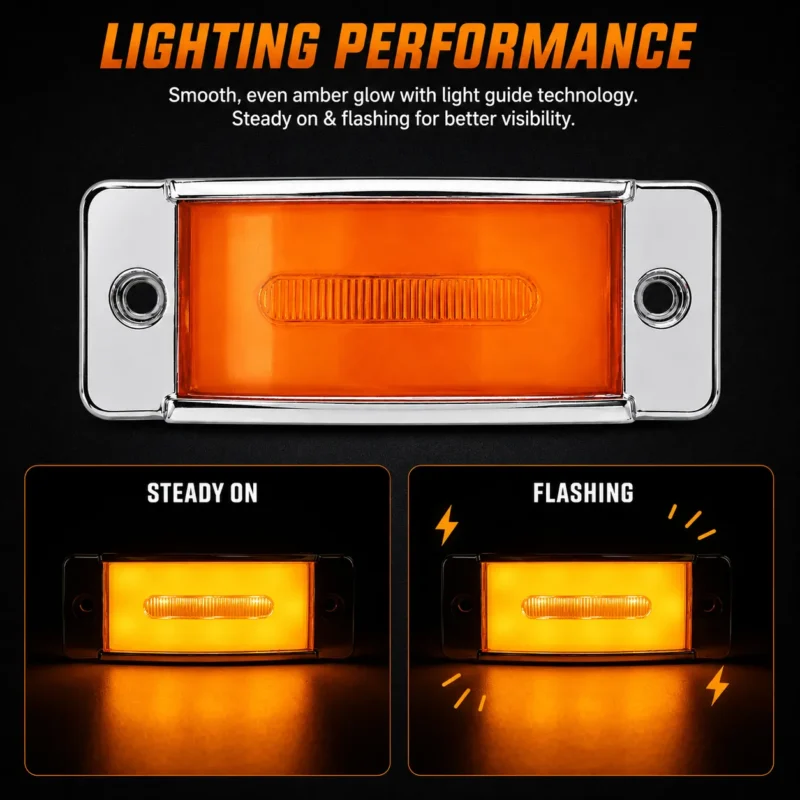 YFD Lighting 24V amber LED marker light showing bright and even steady-on illumination with a chrome housing